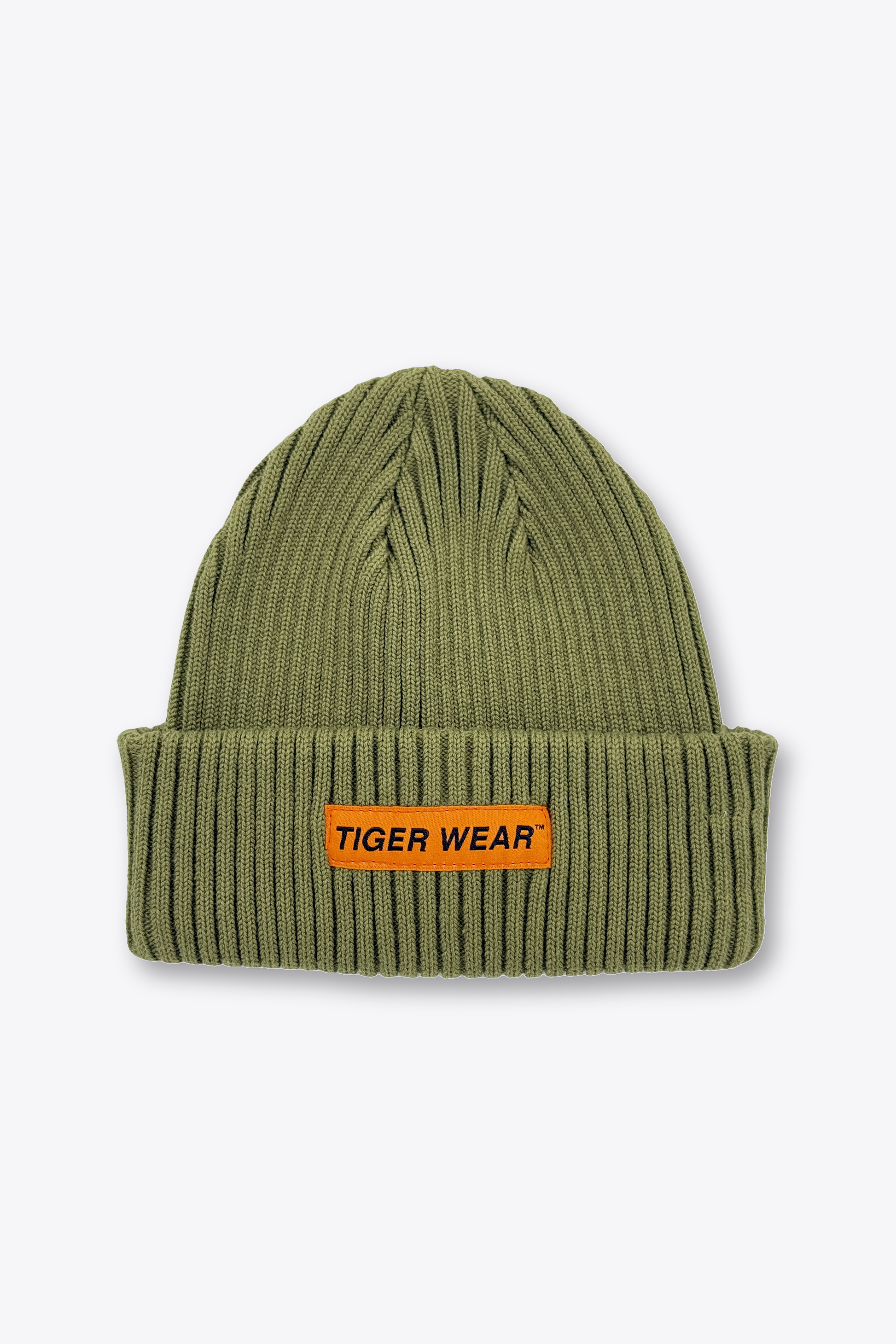 Olive ribbed Tiger Wear paintball beanie with orange woven label, front view