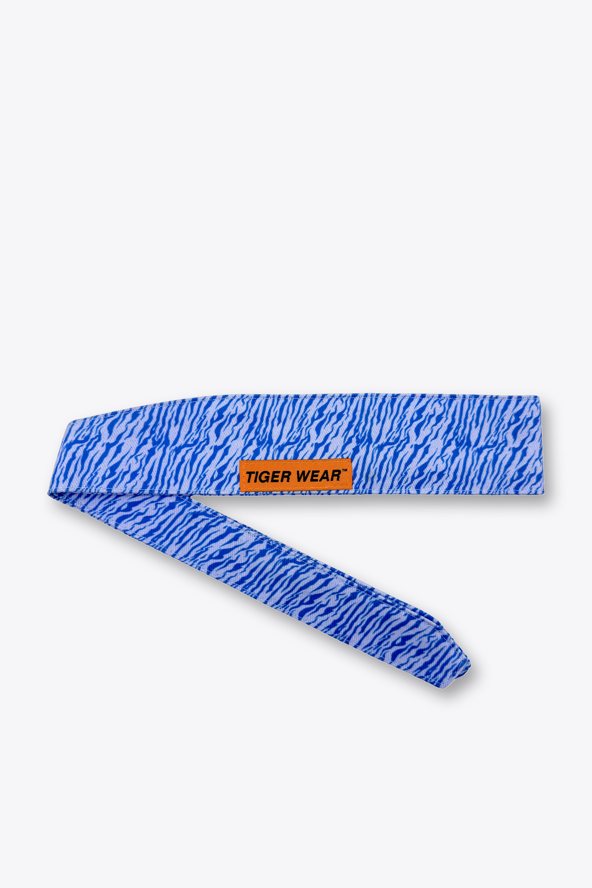 Cold Front paintball headband by Tigerwear in ice blue tigerstripe, tied, showing the tapered tail