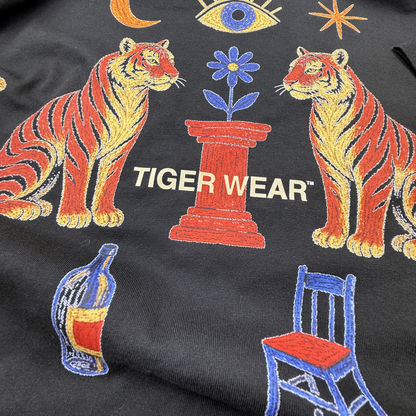 Close up of the tiger back graphic on a black Tiger Wear paintball tee