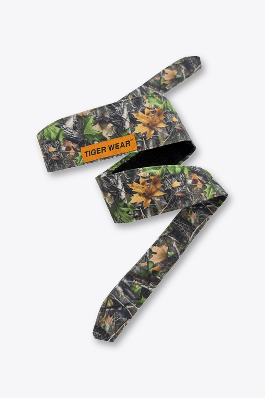 Green timber camo Tiger Wear paintball headband coiled, orange woven label