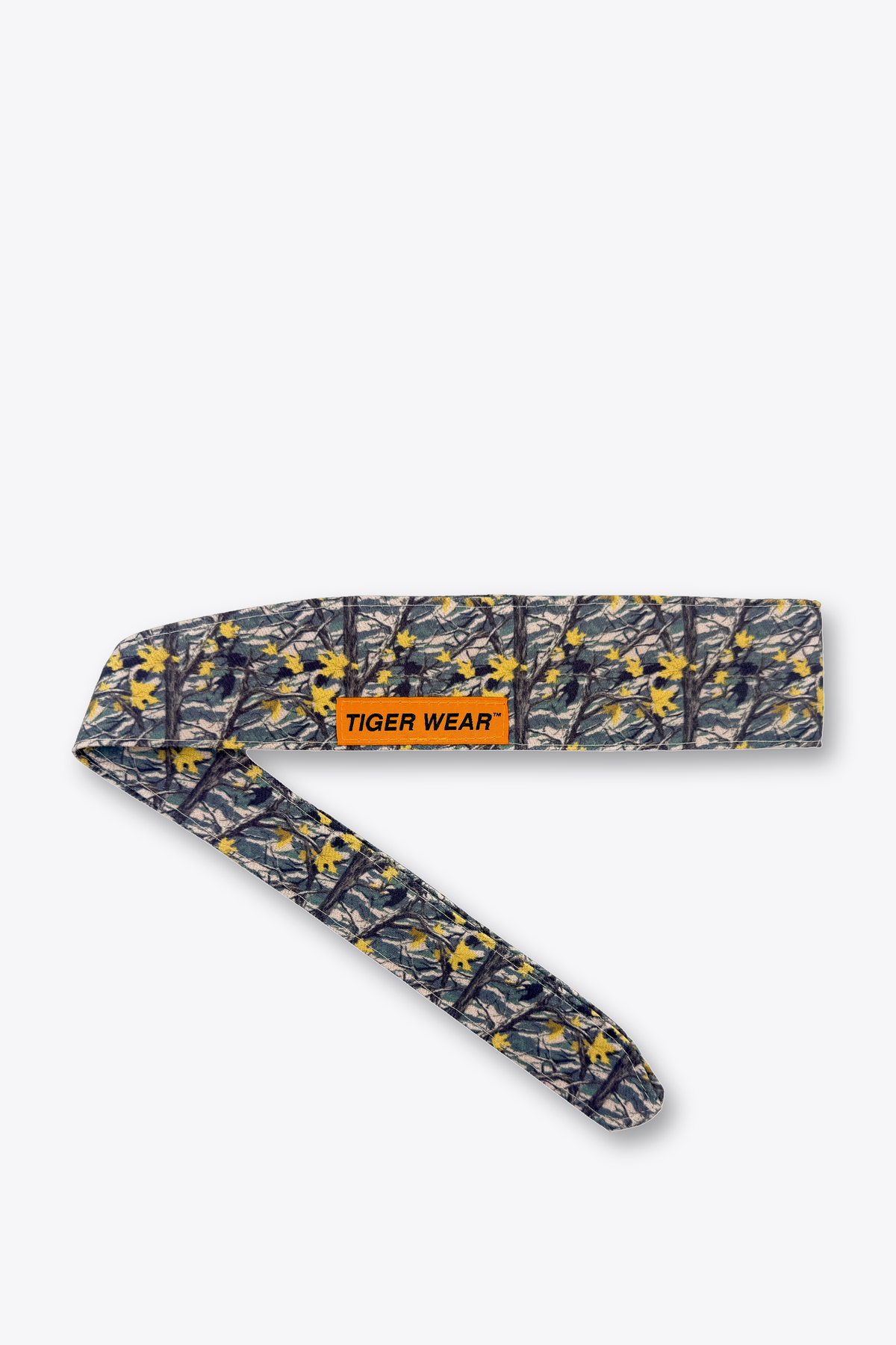 Late October paintball headband by Tigerwear in gray and gold birch leaf camo, tied, showing the tapered tail