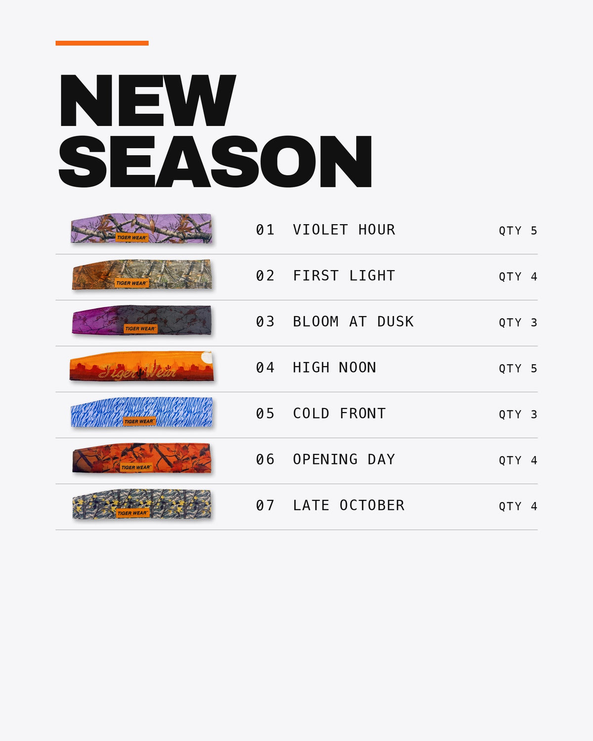 New season lineup with quantities: Violet Hour 5, First Light 4, Bloom at Dusk 3, High Noon 5, Cold Front 3, Opening Day 4, Late October 4