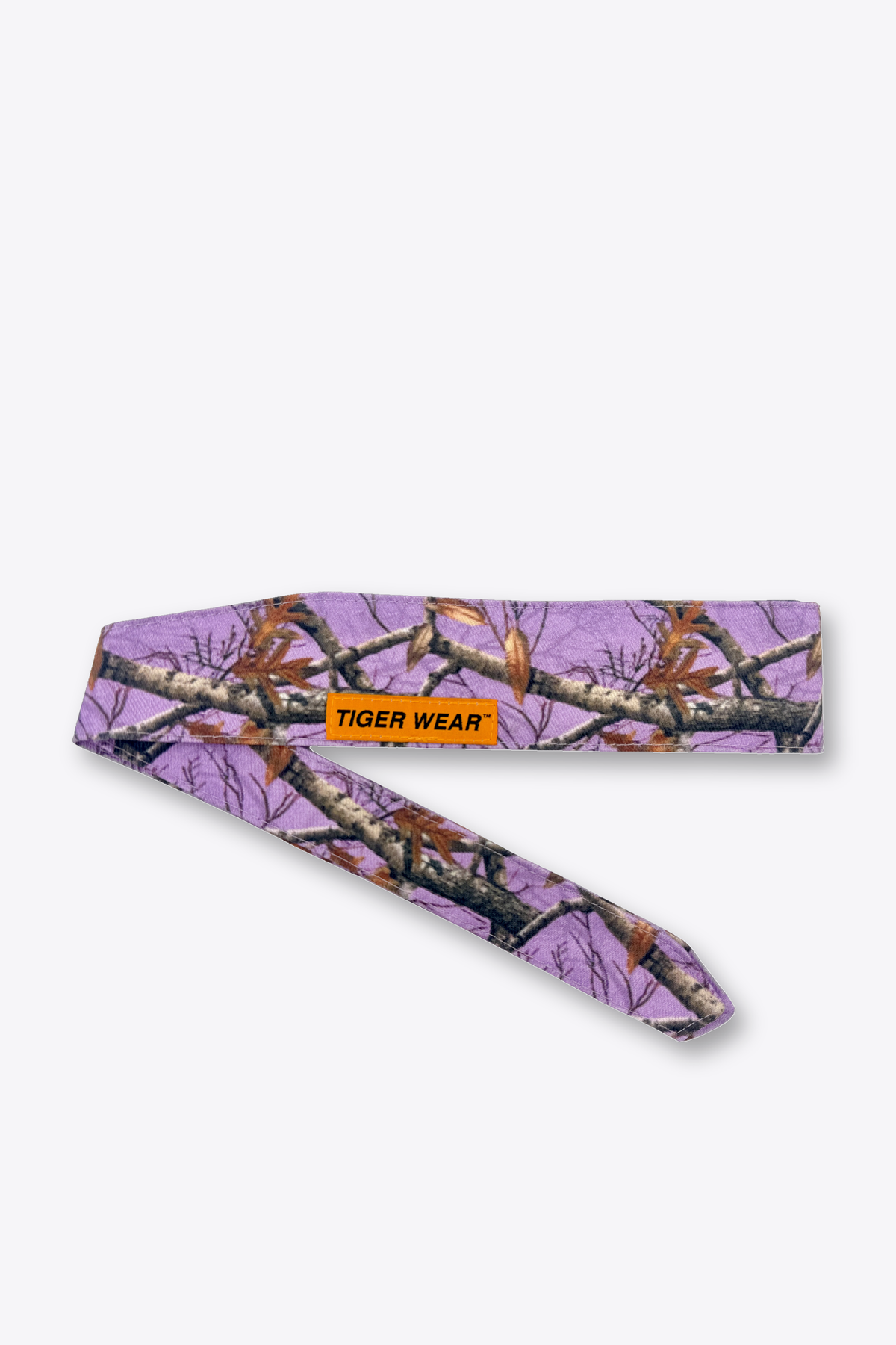 Violet Hour paintball headband by Tigerwear in lavender tree camo, tied, showing the tapered tail